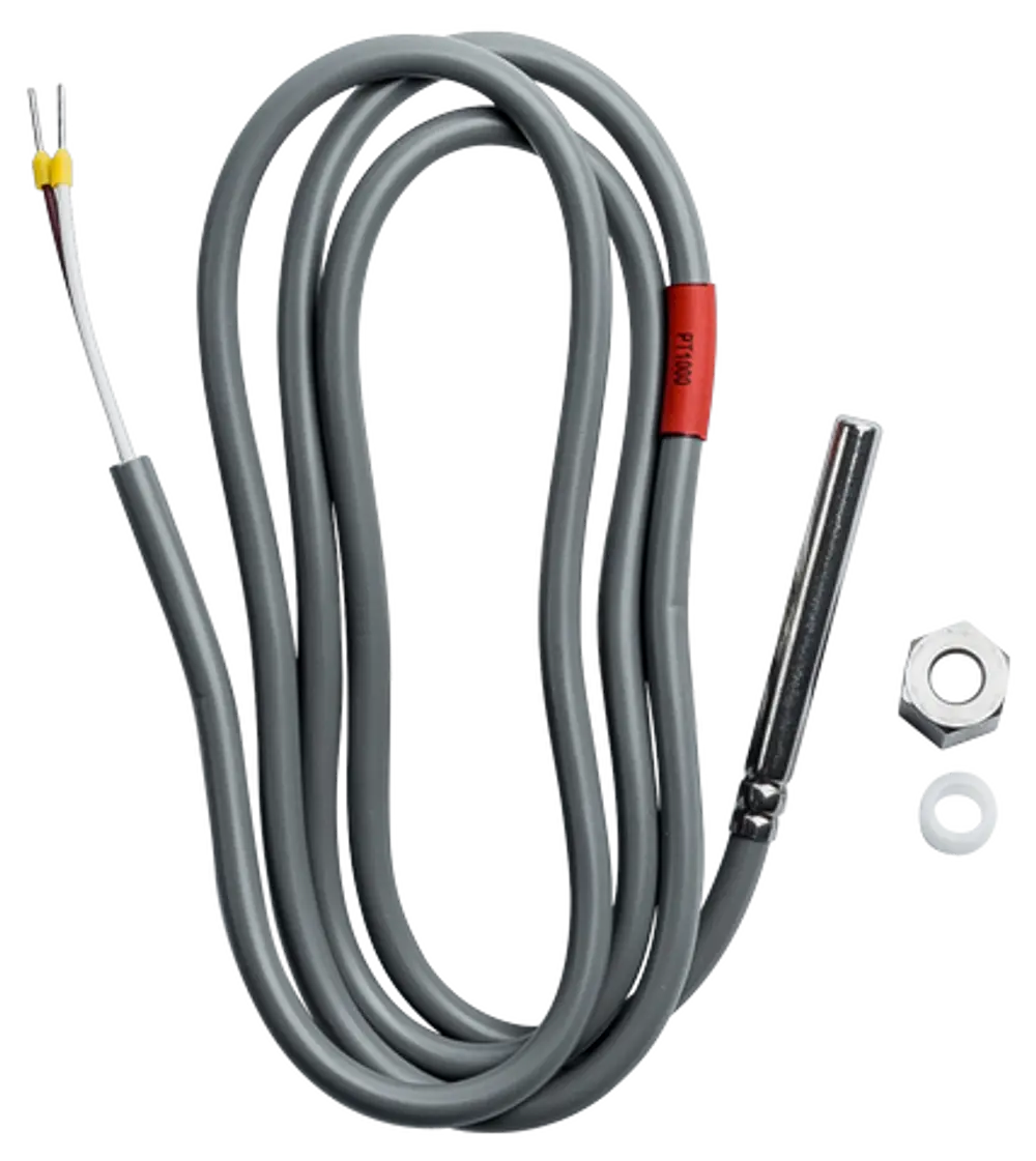 Temperatursensor mit zwei Drähten, einer metallischen Sonde und Klemmring. Geeignet für Anwendungen bei Wolf Heizsystemen.